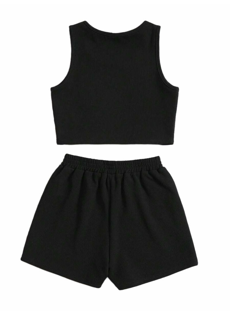 نايلتون طقم ملابس بناتي مكون من توب قصير مضلع وشورت عالي الخصر.  طقم ملابس كاجوال للأطفال - توب قصير وشورت برباط - Image 3